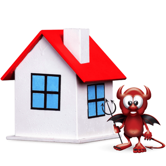 Quote Devil mascot standing next to a small house model with a red roof